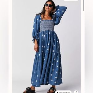 Free People Dahlia Embroidered Maxi Tiered Smocked  Dress coastal combo Blue L
